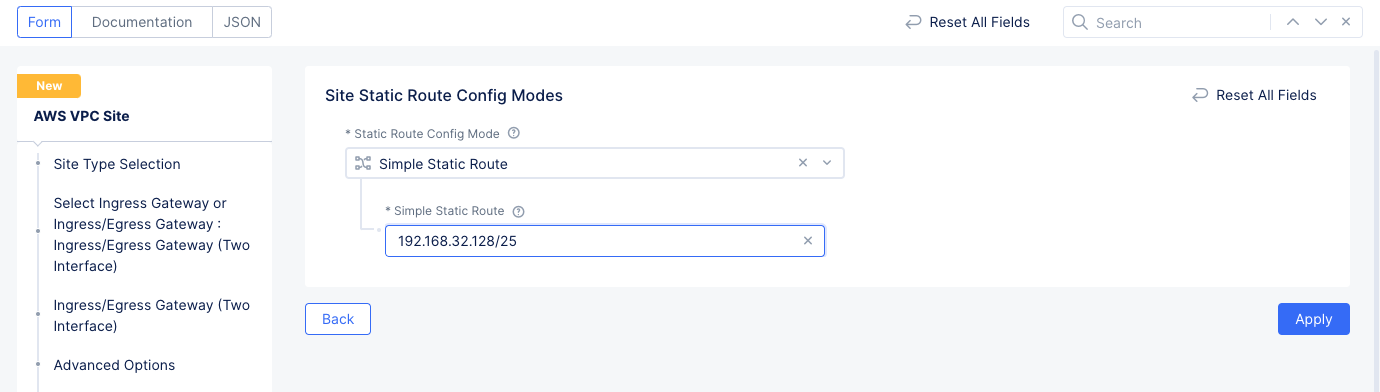 Figure: Site Static Route Configuration