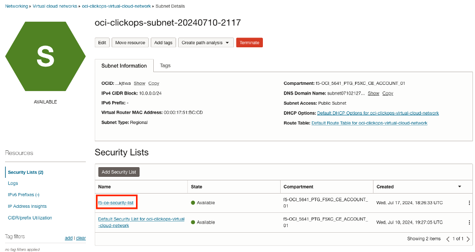 Figure: Confirm Security List Selected for Subnet