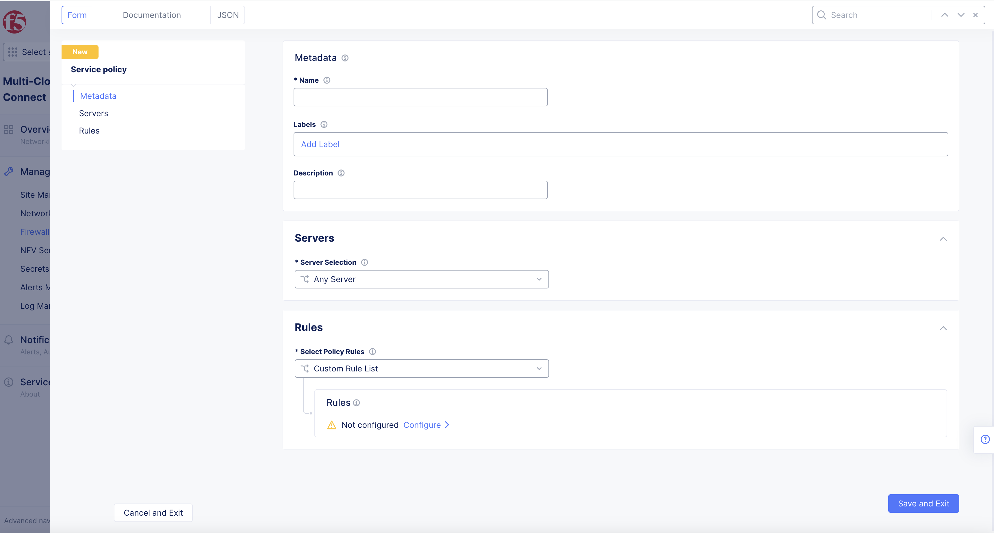 Figure: Service Policy Form