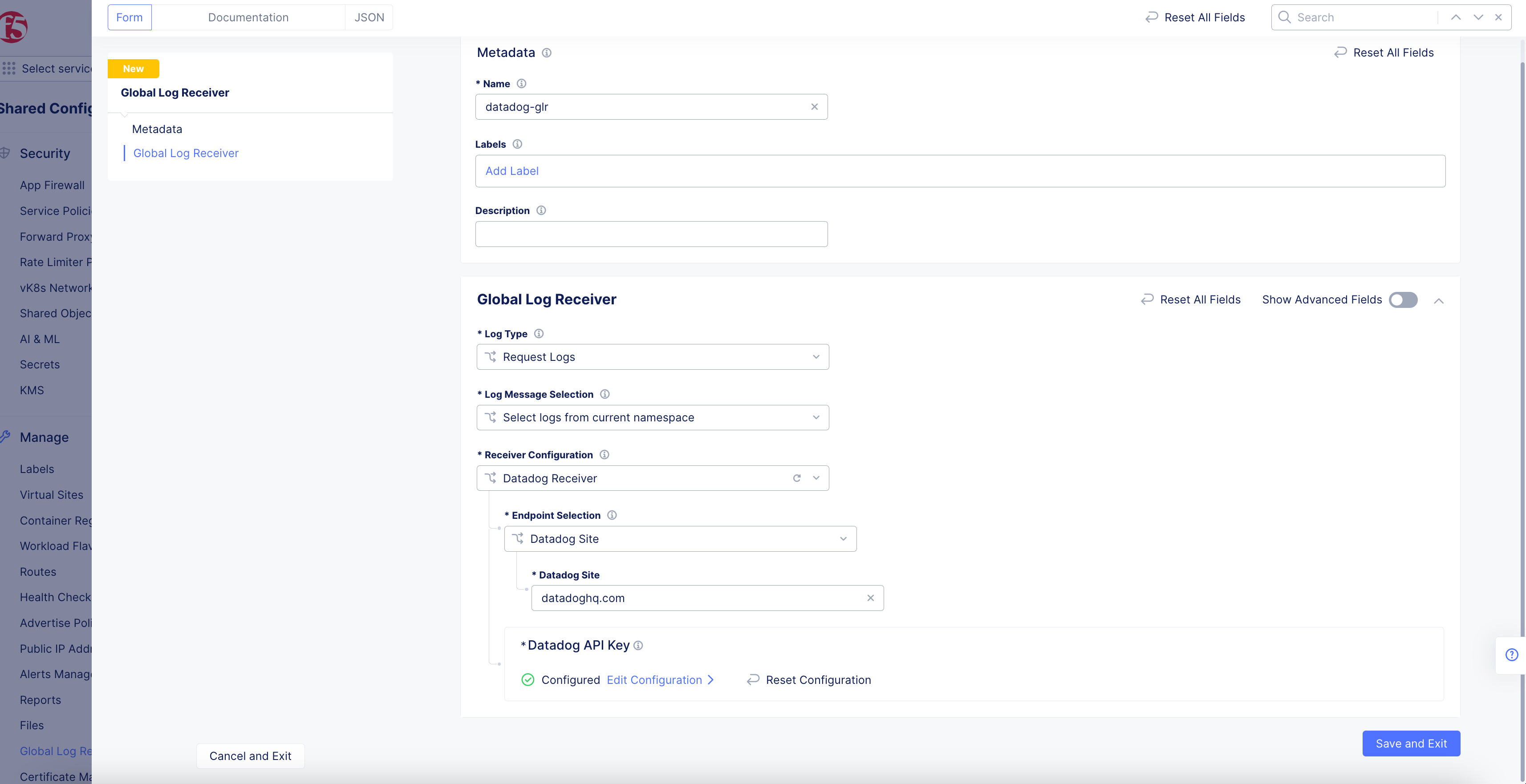 Figure: Datadog Global Log Receiver Configuration
